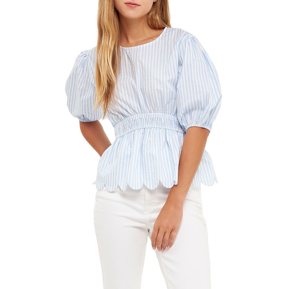 English Factory Blue White Striped Puff Sleeves Top Medium NWT